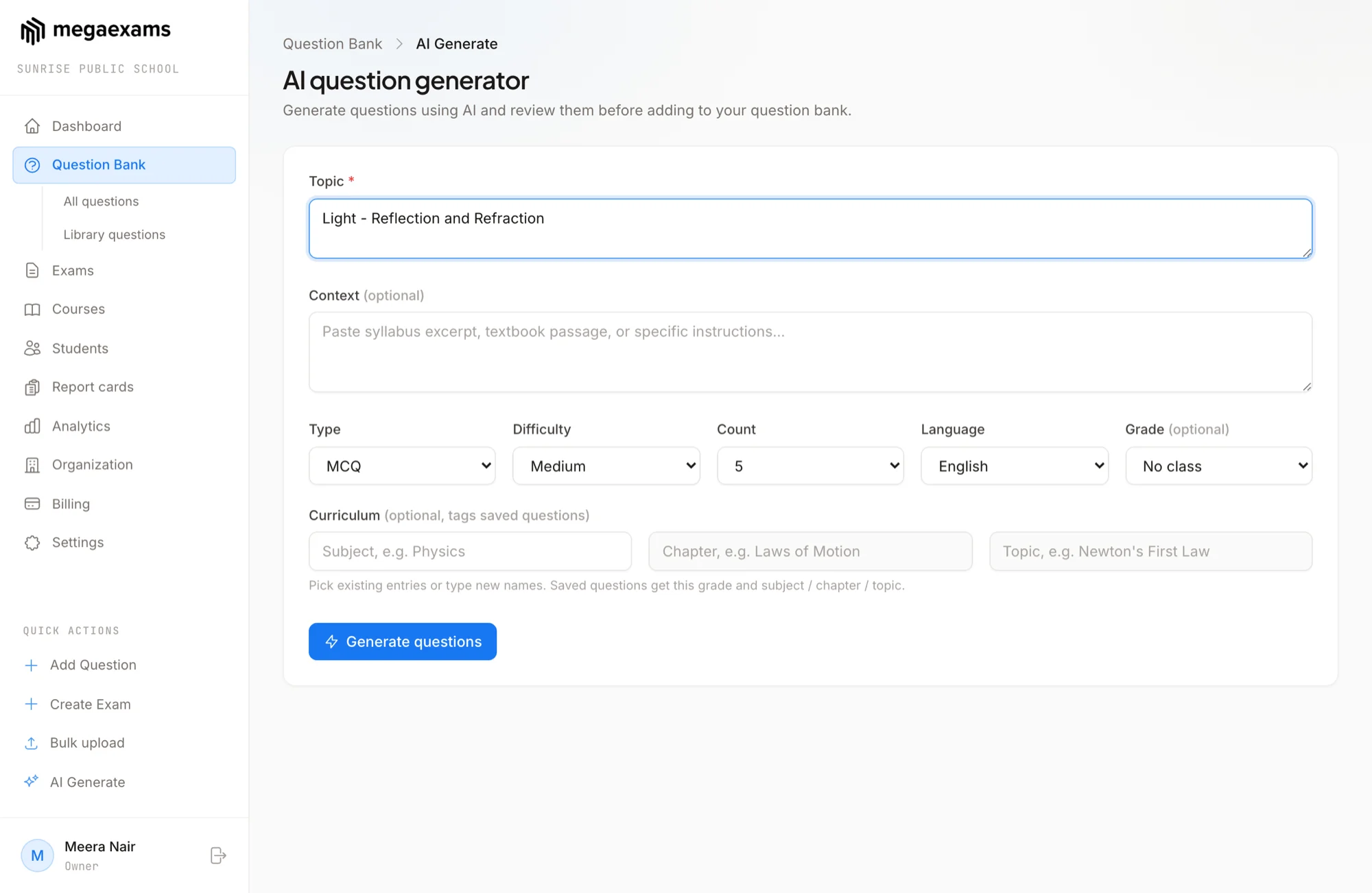 AI question generator: enter a topic and choose type, difficulty, and count