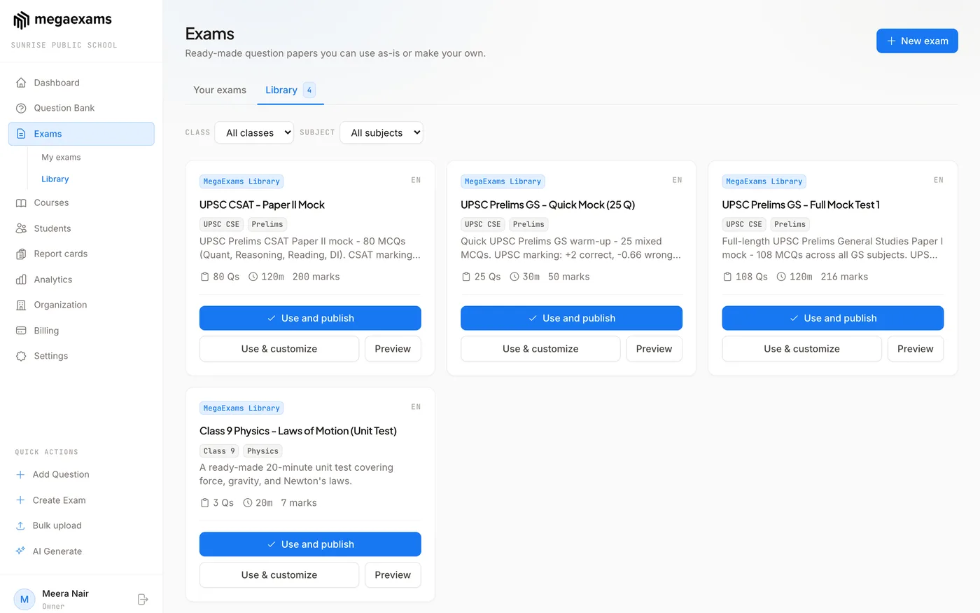 Ready-made exam library of mock tests and papers that can be bundled into a course or test series