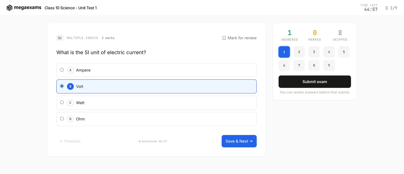 Student taking a timed exam in MegaExams with a question palette, timer, and answered or skipped tracker