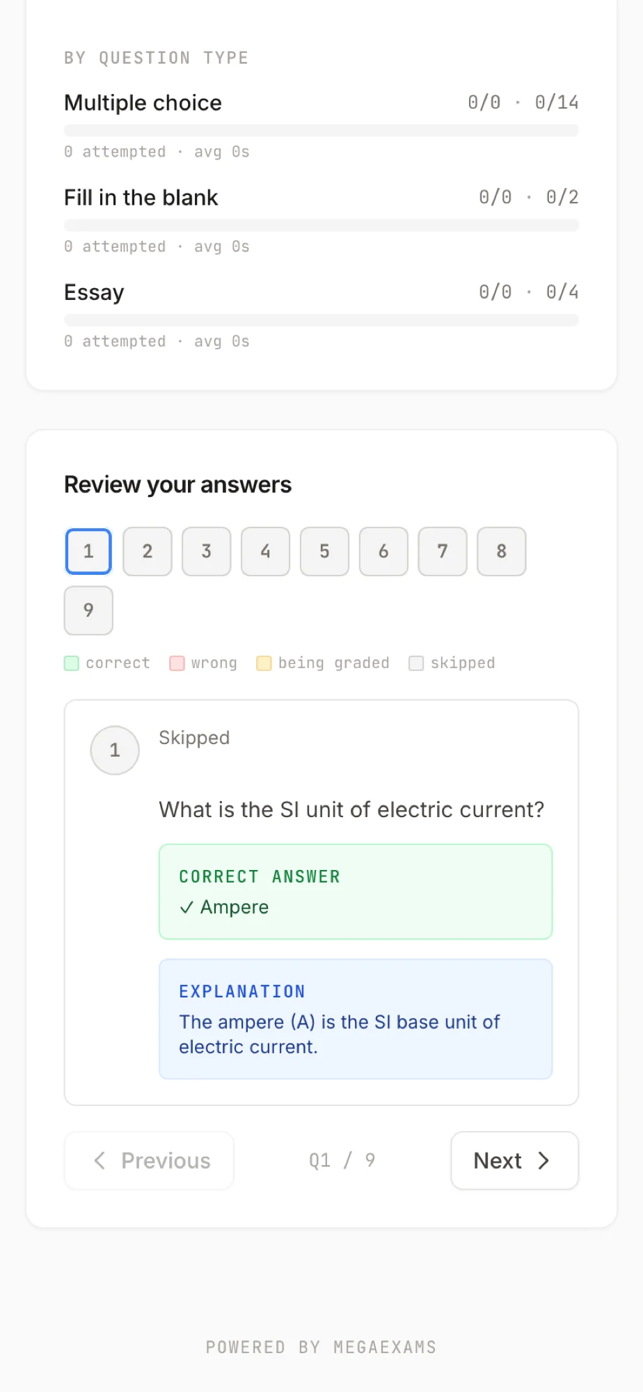 Sectioned mobile exam player with a live countdown timer