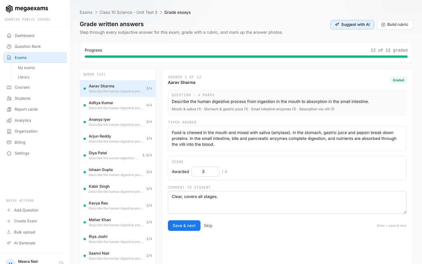 Grading view scoring written answers against a rubric with AI suggestions and a graded progress bar