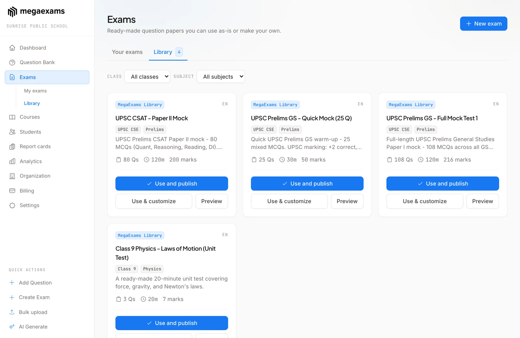The exam library with ready-made papers you can use and publish