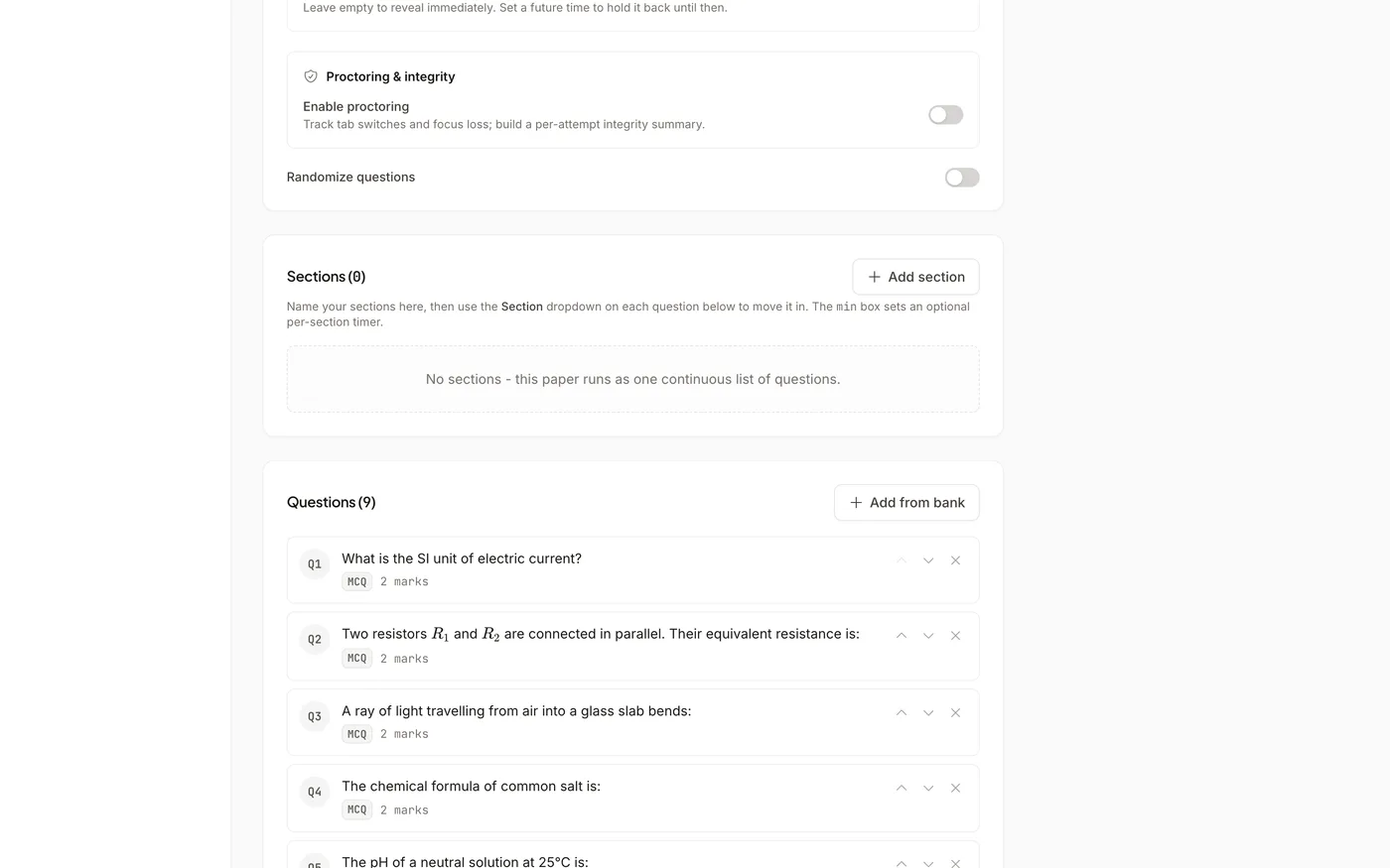 Exam settings showing the Proctoring and integrity toggle to track tab switches and focus loss