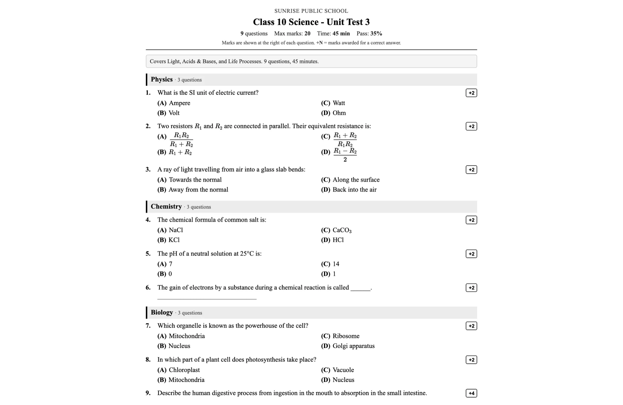 A printable question paper with rendered equations and section marks
