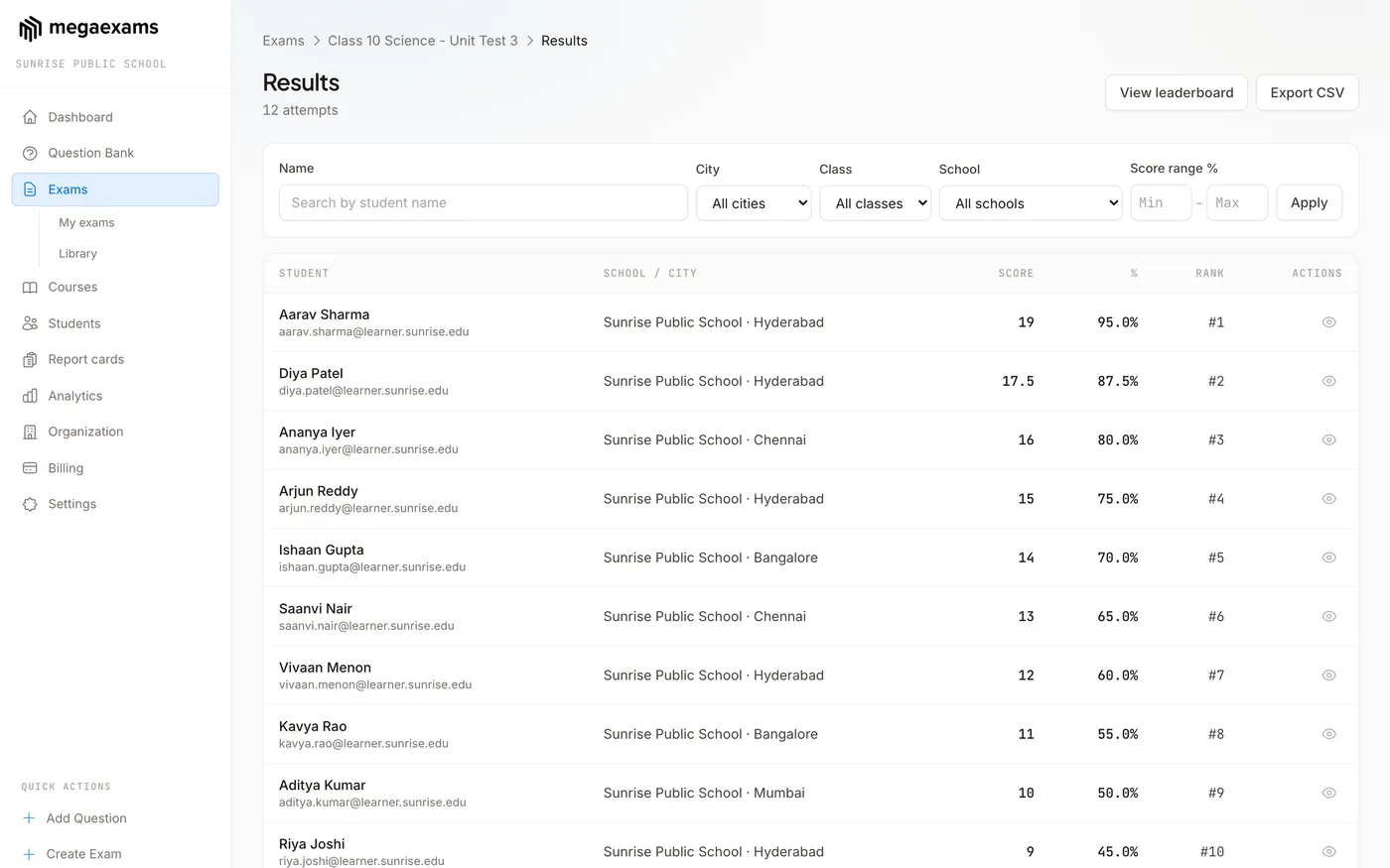 Results leaderboard ranking students by score and percentage, with city and school filters