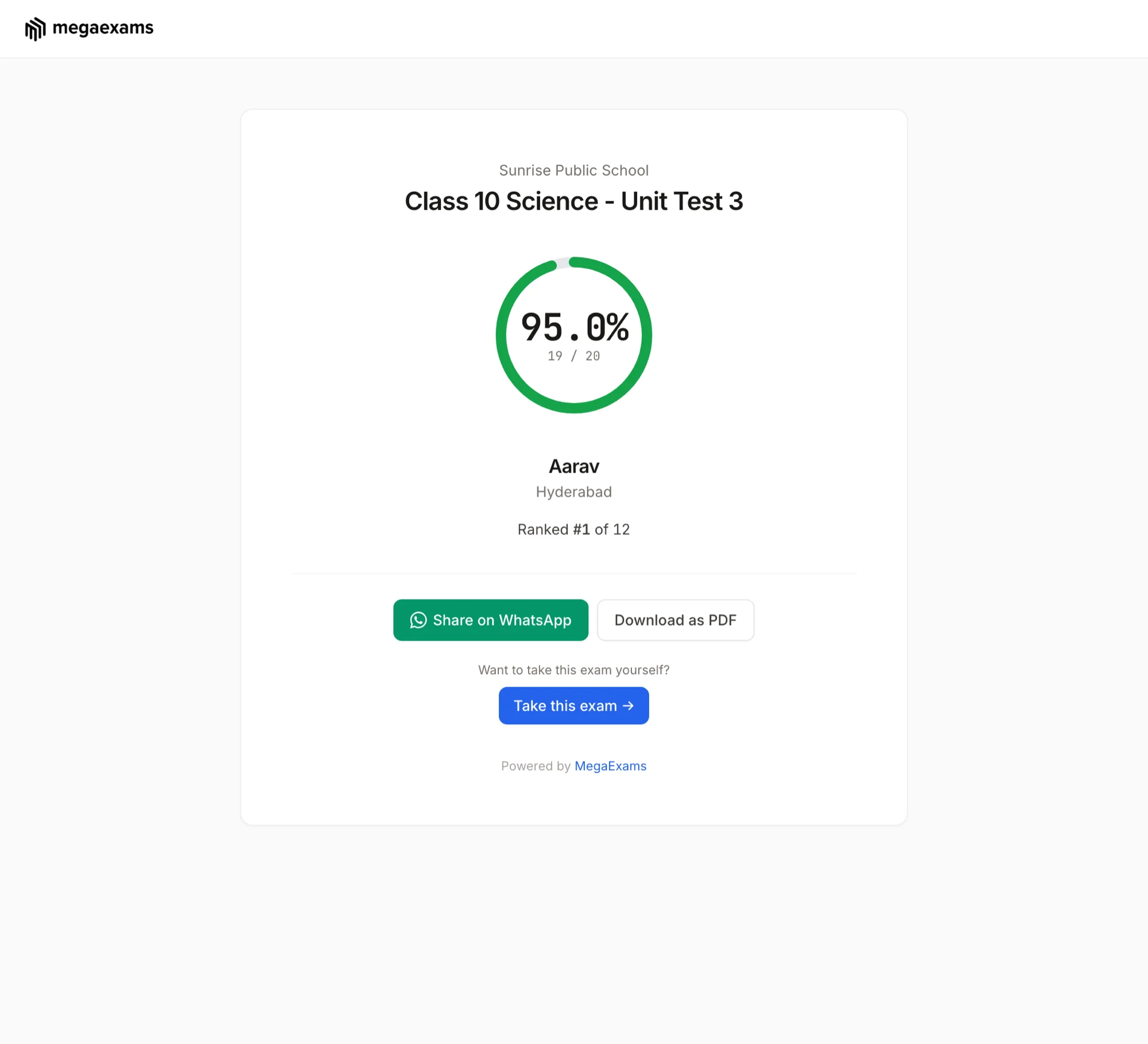 Shareable scorecard showing 95% and an all-class rank of #1 of 12